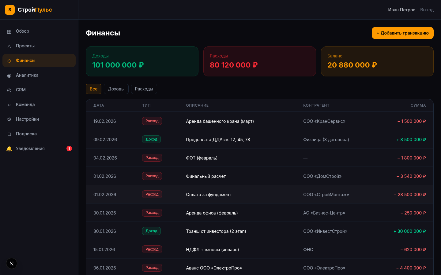 Финансовый учёт в СтройПульс